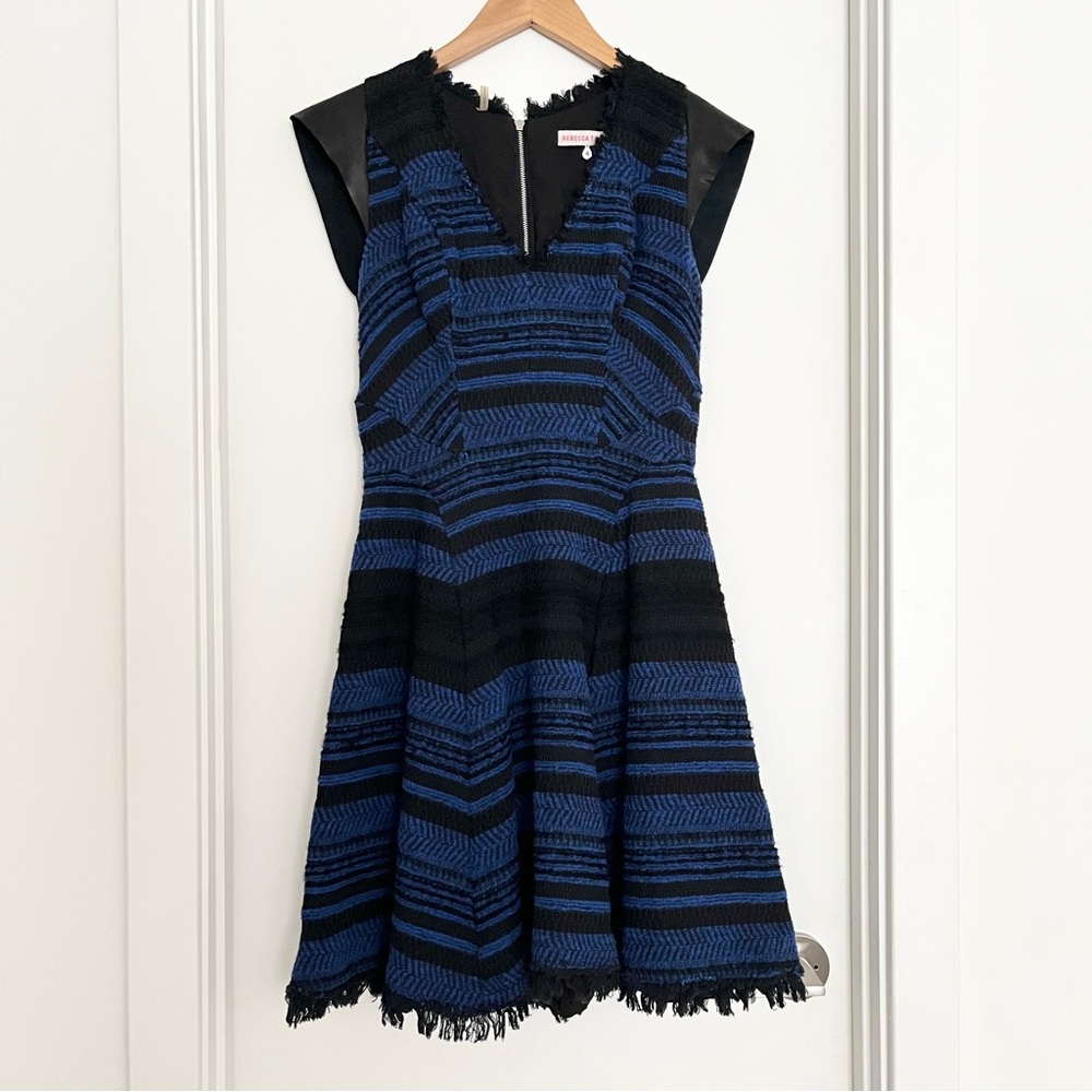 Rebecca Taylor Boucle Dress Size 4 Blue Black FIt Flare Leather Classic Boho